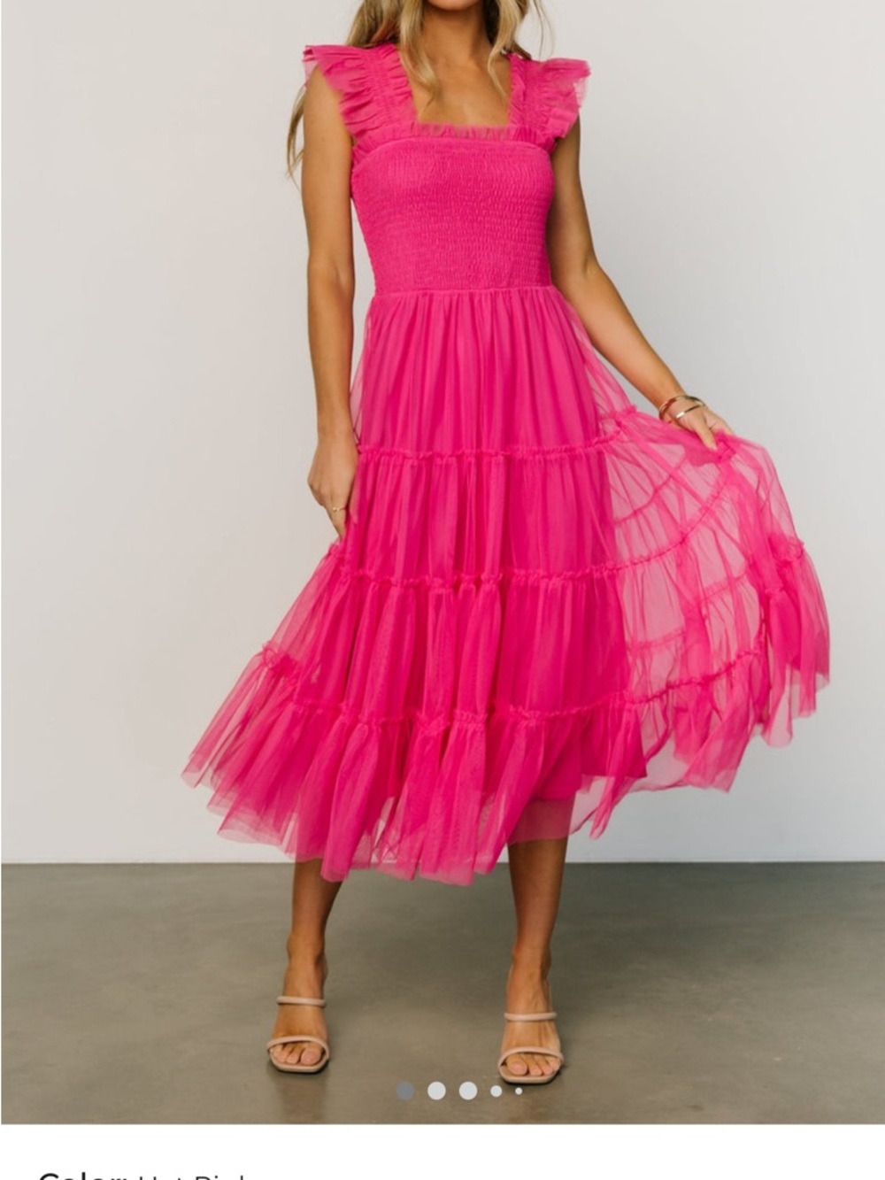 Baltic Born Emma Hot Pink Smocked Tiered Tulle Midi Dress